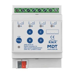 Schaltaktor 4-fach, 4TE, REG, 16 A, 230 V AC, C-Last mit Strommessung, 140 µF, MDT AMS-0416.02