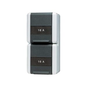 SCHUKO® Zweifach-Steckdose, 2 Leitungseinführungen, 2 Einzelabdeckungen mit integriertem erhöhten Berührungsschutz, 16 A 250 V ~, mit Schriftfeld, int, Jung 822KINAW