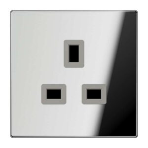 Steckdose, 13 A 250 V ~, Schraubklemmen BS 1363-1, 4 mm2, ohne Krallen, integrierter erhöhter Berührungsschutz, SAFETY+, Metall verchromt, Serie LS, g, Jung GCR3521