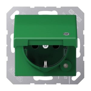 SCHUKO Steckdose, 16 A 250 V ~, ohne Krallen, mit Funktionsanzeige, integrierter erhöhter Berührungsschutz, SAFETY+, Klappdeckel, Thermoplast antibakt, Jung ABAS1520KLKOGN