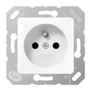 Steckdose französisch/belgisches System, 16 A 250 V ~, ohne Krallen, integrierter erhöhter Berührungsschutz, SAFETY+, Thermoplast, 50 x 50 mm, alpinwe, Jung 5120FBFKIWW
