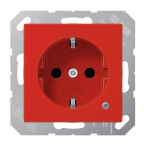 SCHUKO Steckdose, 16 A 250 V ~, mit Funktionsanzeige, integrierter erhöhter Berührungsschutz, SAFETY+, Thermoplast antibakteriell, Serie AS, rot, Jung ABA1520BFKORT