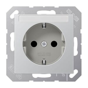 SCHUKO Steckdose, 16 A 250 V ~, mit Schriftfeld, integrierter erhöhter Berührungsschutz, SAFETY+, Thermoplast lackiert, Serie A, aluminium, Jung A1520BFKINAAL