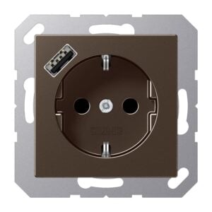 SCHUKO Steckdose 16 A 250 V ~, mit USB-Ladegerät 1 x Typ A, integrierter erhöhter Berührungsschutz, SAFETY+, ohne, Serie A, mokka, Jung A1520-18AMO