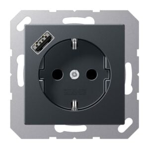 SCHUKO Steckdose 16 A 250 V ~, mit USB-Ladegerät 1 x Typ A, integrierter erhöhter Berührungsschutz, SAFETY+, ohne, Serie A, anthrazit matt, Jung A1520-18AANM