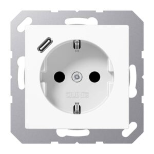 SCHUKO Steckdose 16 A 250 V ~, mit USB-Ladegerät 1 x Typ C, integrierter erhöhter Berührungsschutz, SAFETY+, ohne, Serie AS/A, alpinweiß, Jung A1520-18CWW