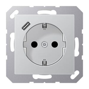 SCHUKO Steckdose 16 A 250 V ~, mit USB-Ladegerät 1 x Typ C, integrierter erhöhter Berührungsschutz, SAFETY+, ohne, Serie A, aluminium, Jung A1520-18CAL