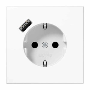 SCHUKO Steckdose 16 A 250 V ~, mit USB-Ladegerät 1 x Typ A, integrierter erhöhter Berührungsschutz, SAFETY+, ohne, Serie LS, alpinweiß, Jung LS1520-18AWW