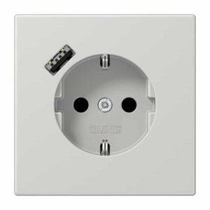 SCHUKO Steckdose 16 A 250 V ~, mit USB-Ladegerät 1 x Typ A, integrierter erhöhter Berührungsschutz, SAFETY+, ohne, Serie LS, lichtgrau, Jung LS1520-18ALG
