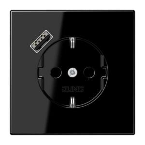 SCHUKO Steckdose 16 A 250 V ~, mit USB-Ladegerät 1 x Typ A, integrierter erhöhter Berührungsschutz, SAFETY+, ohne, Serie LS, schwarz, Jung LS1520-18ASW