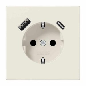 SCHUKO Steckdose 16 A 250 V ~, mit USB-Ladegerät 1 x Typ A + 1 x Typ C, integrierter erhöhter Berührungsschutz, SAFETY+, ohne, Serie LS, weiß, Jung LS1520-15CA