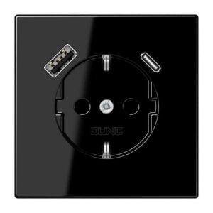 SCHUKO Steckdose 16 A 250 V ~, mit USB-Ladegerät 1 x Typ A + 1 x Typ C, integrierter erhöhter Berührungsschutz, SAFETY+, ohne, Serie LS, schwarz, Jung LS1520-15CASW