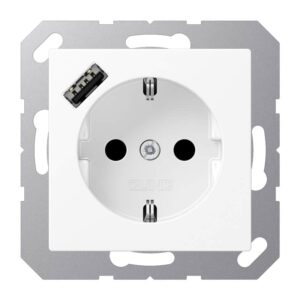 SCHUKO Steckdose 16 A 250 V ~, mit USB-Ladegerät 1 x Typ A, integrierter erhöhter Berührungsschutz, SAFETY+, ohne, Serie A, schneeweiß matt, Jung A1520-18AWWM