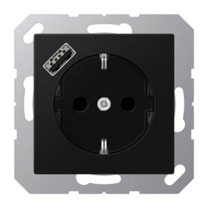 SCHUKO Steckdose 16 A 250 V ~, mit USB-Ladegerät 1 x Typ A, integrierter erhöhter Berührungsschutz, SAFETY+, ohne, Serie A, graphitschwarz matt, Jung A1520-18ASWM