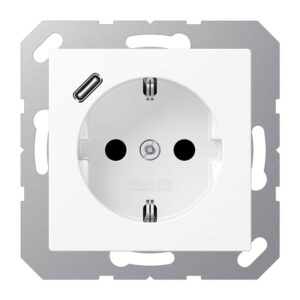 SCHUKO Steckdose 16 A 250 V ~, mit USB-Ladegerät 1 x Typ C, integrierter erhöhter Berührungsschutz, SAFETY+, ohne, Serie A, schneeweiß matt, Jung A1520-18CWWM