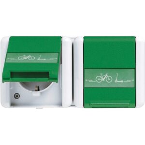 SCHUKO® Zweifach-Steckdose, 4 Leitungseinführungen, 2 Einzelabdeckungen, 16 A 250 V ~ mit E-Bike-Ladesymbol, mit Schriftfeld, Klappdeckel, waagerecht,, Jung 8220GNNAWEB
