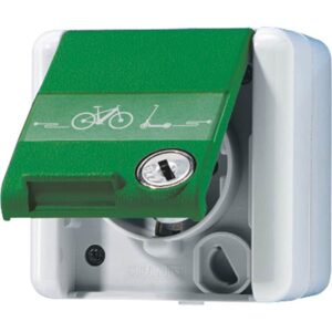 SCHUKO Steckdose, 16 A 250 V ~ mit E-Bike-Ladesymbol, mit Schriftfeld, Klappdeckel, mit Sicherheitsschloss, IP 44, WG 800, Jung 820GNNAWSLEB