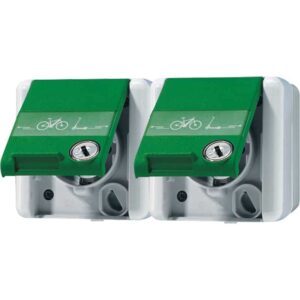 SCHUKO® Zweifach-Steckdose, 4 Leitungseinführungen, 2 Einzelabdeckungen, 16 A 250 V ~ mit E-Bike-Ladesymbol, mit Schriftfeld, Klappdeckel, mit Sicherh, Jung 8220GNNAWSLEB