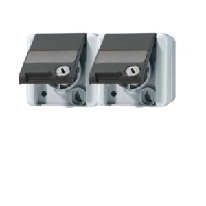 SCHUKO® Zweifach-Steckdose, 4 Leitungseinführungen, 2 Einzelabdeckungen, 16 A 250 V ~, mit Schriftfeld, Klappdeckel, mit Sicherheitsschloss, waagerech, Jung 8220NAWSL