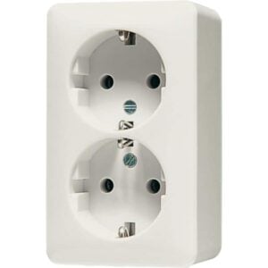 SCHUKO® Zweifach-Steckdose, 16 A 250 V ~, 47 mm, integrierter erhöhter Berührungsschutz, SAFETY+, AP 600, weiß, Jung 6020KIA