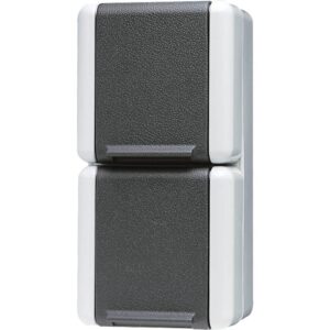 SCHUKO® Zweifach-Steckdose, 2 Leitungseinführungen, 2 Einzelabdeckungen, 16 A 250 V ~, Klappdeckel, senkrecht, IP 44, WG 800, Jung 822W