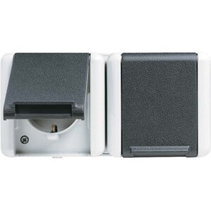 SCHUKO® Zweifach-Steckdose, 4 Leitungseinführungen, 2 Einzelabdeckungen, 16 A 250 V ~, Klappdeckel, waagerecht, IP 44, WG 800, Jung 8220W