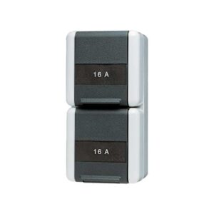 SCHUKO® Zweifach-Steckdose, 2 Leitungseinführungen, 2 Einzelabdeckungen, 16 A 250 V ~, mit Schriftfeld, Klappdeckel, senkrecht, IP 44, WG 800, Jung 822NAW
