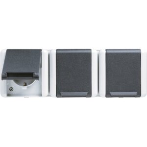SCHUKO® Dreifach-Steckdose, 5 Leitungseinführungen, 16 A 250 V ~, Klappdeckel, waagerecht, IP 44, WG 800, Jung 8230W