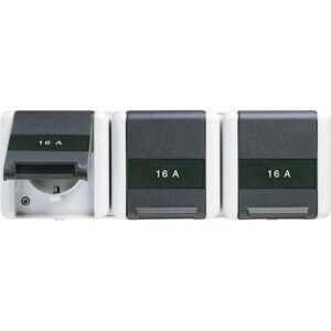 SCHUKO® Dreifach-Steckdose, 5 Leitungseinführungen, 3 Schriftfelder 22 x 48 mm, 16 A 250 V ~, mit Schriftfeld, Klappdeckel, waagerecht, IP 44, WG 800, Jung 8230NAW