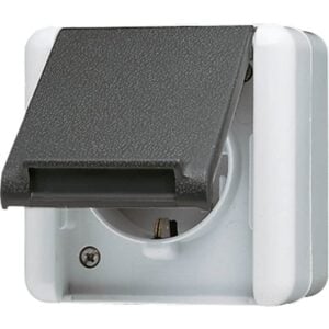 SCHUKO Steckdose, 16 A 250 V ~, integrierter erhöhter Berührungsschutz, SAFETY+, Klappdeckel, senkrecht, IP 44, WG 800, Jung 820KIW