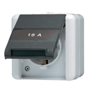 SCHUKO Steckdose, 16 A 250 V ~, mit Schriftfeld, integrierter erhöhter Berührungsschutz, SAFETY+, Klappdeckel, WG 800, grau/anthrazit, Jung 820KINAW