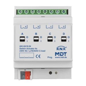 KNX Schaltaktor 4-fach, 4TE REG, 16/20 A, 230 V AC, C-Last, Industrie, 200 µF MDT AKI-0416.04