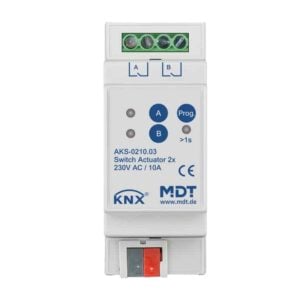 KNX Schaltaktor 2-fach, 2TE REG, 10 A, 230 V AC, C-Last, Standard, 140 µF MDT AKS-0210.03