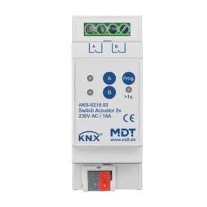 KNX Schaltaktor 2-fach, 2TE REG, 16 A, 230 V AC, C-Last, Standard, 140 µF MDT AKS-0216.03