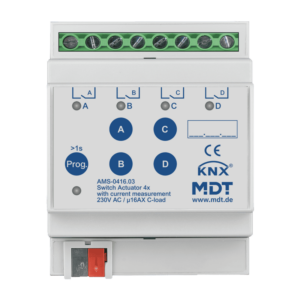 KNX Schaltaktor 4-fach, 4TE REG, 16 A, 230 V AC, C-Last, Strommessung, 140 µF MDT AMS-0416.03