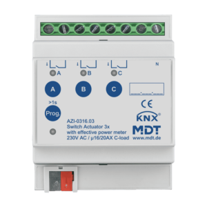 KNX Schaltaktor 3-fach, 4TE REG, 16/20 A, 230 V AC, Wirkleistungszähler, 200 µF MDT AZI-0316.03