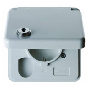 Steckdose SCHUKO mit Abdeckplatte, Klappdeckel und Schloss wg Up IP44 grau, glän, Berker 4212