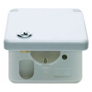 Steckdose SCHUKO mit Abdeckplatte, Klappdeckel und Schloss wg Up IP44 polarweiß,, Berker 421209