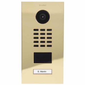 DoorBird IP Video Türstation D2101V, Edelstahl V4A, hochglanzpoliert, PVD Beschichtung mit Messing-Optik, 1 Ruftaste (Gehäuse für Aufputz-/ Unterputzmontage separat erhältlich), DoorBird 423870130