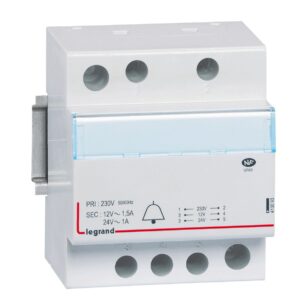 Klingeltransformator, Prim.230V AC, Sek.24/12V AC, Strom 1/1,5A, 24 /18VA, 4TE Legrand 413093