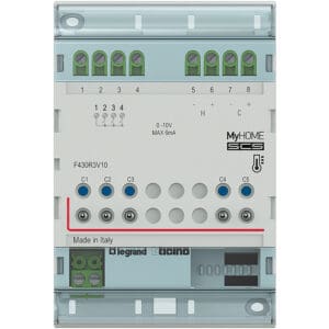 MyHome REG-Aktor für Fan-Coils; 3 Schaltkontakte und 2 Ausgänge 0-10 V; 4 TE Bticino F430R3V10