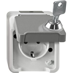 SCHUKO-Steckd. m. BRS, abschl. m. gl.n Schl./Schloss-Nr. 200, lichtgrau,AQUASTAR, Merten MEG2417-8029