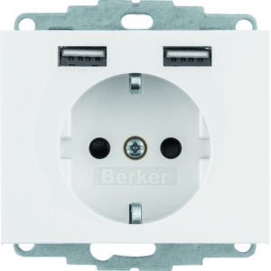 Steckdose SCHUKO/USB, K.1, polarweiß gl., Berker 48037009