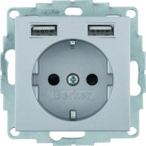 Steckdose SCHUKO/USB, B.3/B.7, alu matt, Berker 48031404