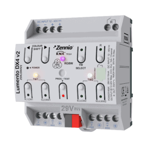  Lumento DX4 v2. 4-Kanal-Konstantspannungs-PWM-Dimmer in DIN-Schiene für DC-LED-Lasten. Zennio ZDILDX4V2