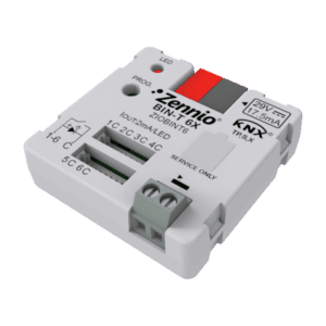 BIN-T 6X. Universale Schnittstelle mit 6 Binäreingängen/LED-Ausgängen und einem Eingang für Temperaturfühler. Zennio ZIOBINT6