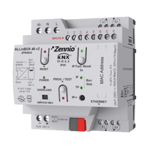 ALLinBOX 46 v2. Multifunktionsaktor mit 4 16 A Ausgängen, 6 Analog/Digital Eingängen, IP Interface, Logik-Modul und KNX Netzteil Zennio ZPR46V2