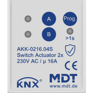 KNX Schaltaktor 2-fach, 2TE REG, 16 A, 230 V AC, Kompakt, 70µF, 10 EVG, Secure MDT AKK-0216.04S