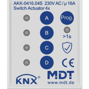KNX Schaltaktor 4-fach, 2TE REG, 16 A, 230 V AC, Kompakt, 70µF, 10 EVG, Secure MDT AKK-0416.04S