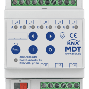 KNX Schaltaktor 8-fach, 4TE REG, 16 A, 230 V AC, Kompakt, 70µF, 10 EVG, Secure MDT AKK-0816.04S